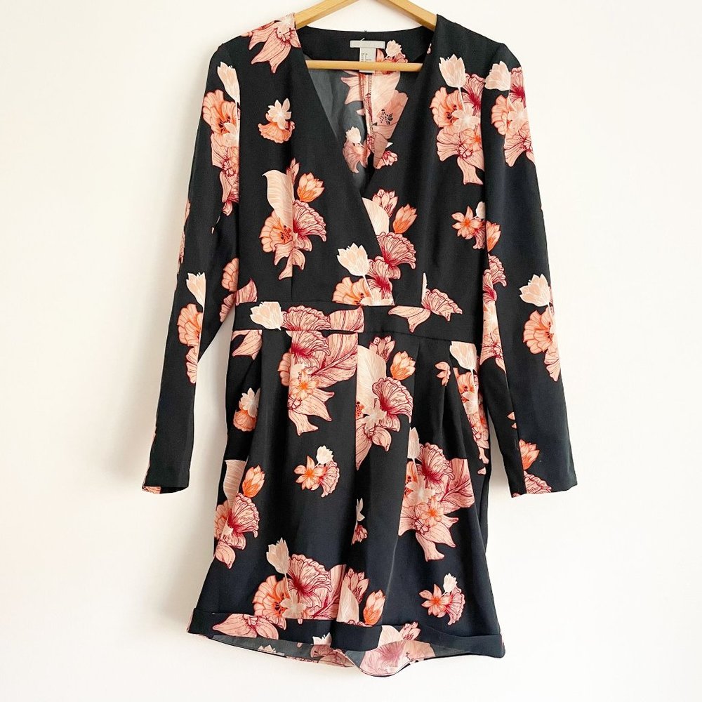 H&M Black Pink Bold Floral Vneck Long Sleeve Shorts Romper